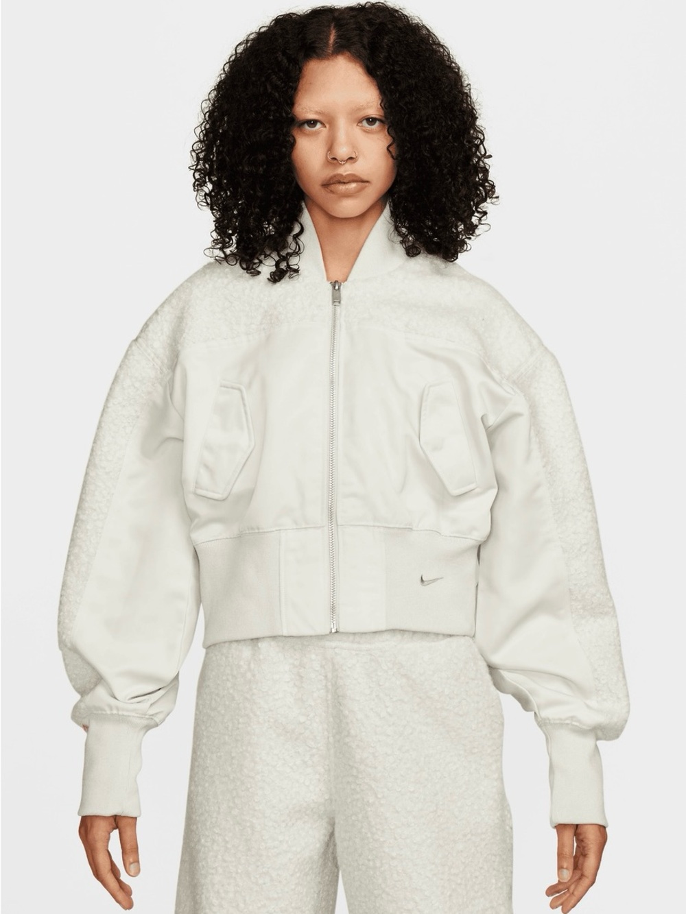 Nike Collection Athleisure Off-White Jacket Mixed-Texture Bomber Jacket Street